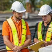 Contractor software in the field Contractors using technology at a jobsite representing Contractor+ field-service software
