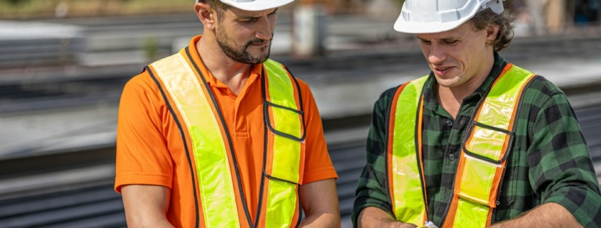 Contractors using technology at a jobsite representing Contractor+ field-service software