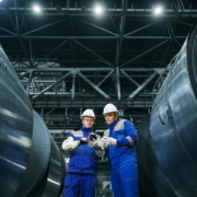 Two manufacturing workers inspecting steel coils at an industrial facility, illustrating in-house production and make-or-buy decisions