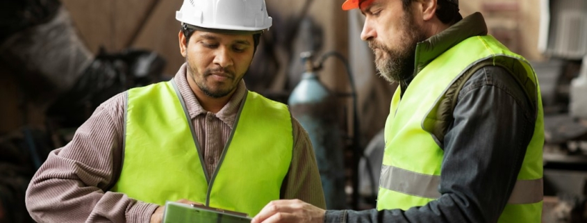 Two manufacturing professionals in safety vests and hard hats reviewing operations at an industrial facility